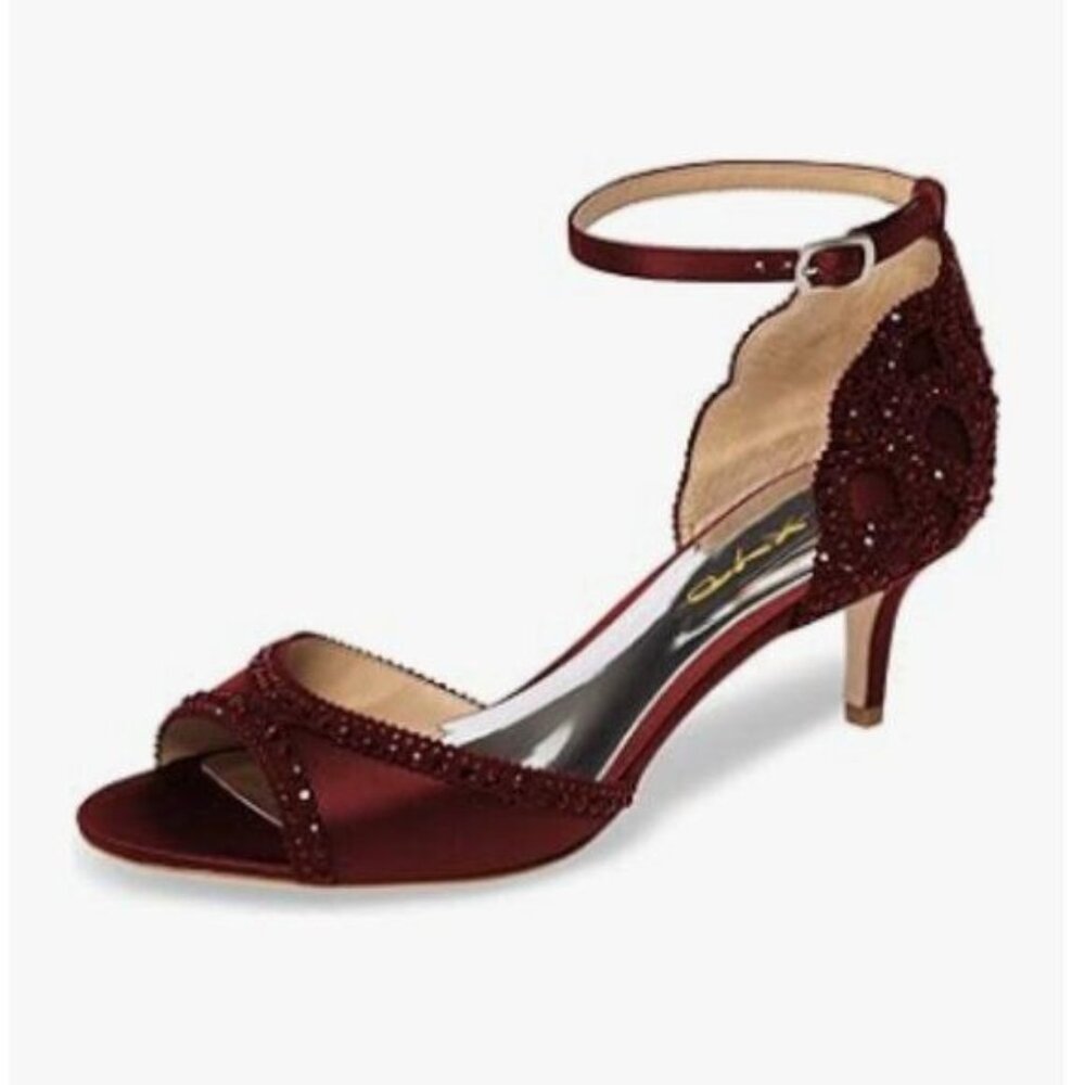 XYD Wine Peep Toe D'Orsay Kitten Heel Rhinestone Stud Ankle Strap Wedding Sandal